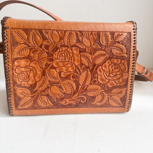 Vintage Leather Hand Tooled Floral Leaf Print Custom Made Structure Shoulder Bag - Picture 8 of 11